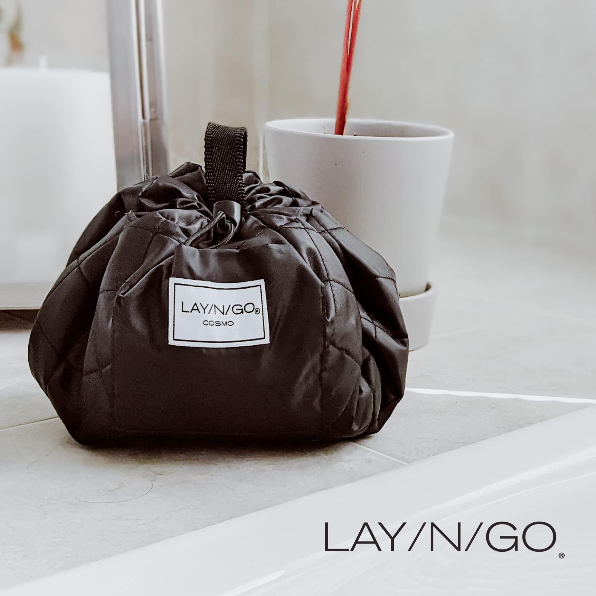 Lay-n-Go Lay-n-Go Cosmo Drawstring Cosmetic & Makeup Bag Organizer - Portable Drawstring Makeup Bag w/Zipper Pocket, Makeup Loops & More - Durable, Machine Washable Makeup Bag for Travel (20, Lips/Black)