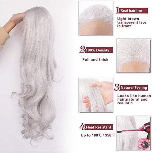 Ebingoo Ebingoo 26 Inch Silver Gray Lace Front Wig+Wig Cap Wavy Silver Wig for Women Curly Lace Front Wig Silver Princess Wig for Halloween Cosplay Women Daily Wear