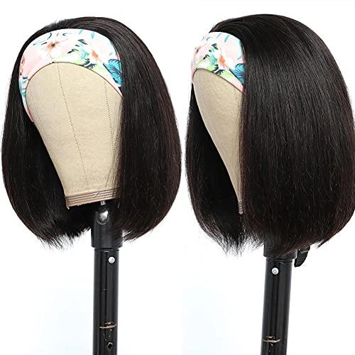 Ubetta Human Hair Headband Bob Wig Natural Black Short Bob Headband Wig for Black Women, Straight Human Hair Bob Wig with Headband Attached Headband Wig 180% Density 10 Inch Glueless None Lace Front Bob Wig