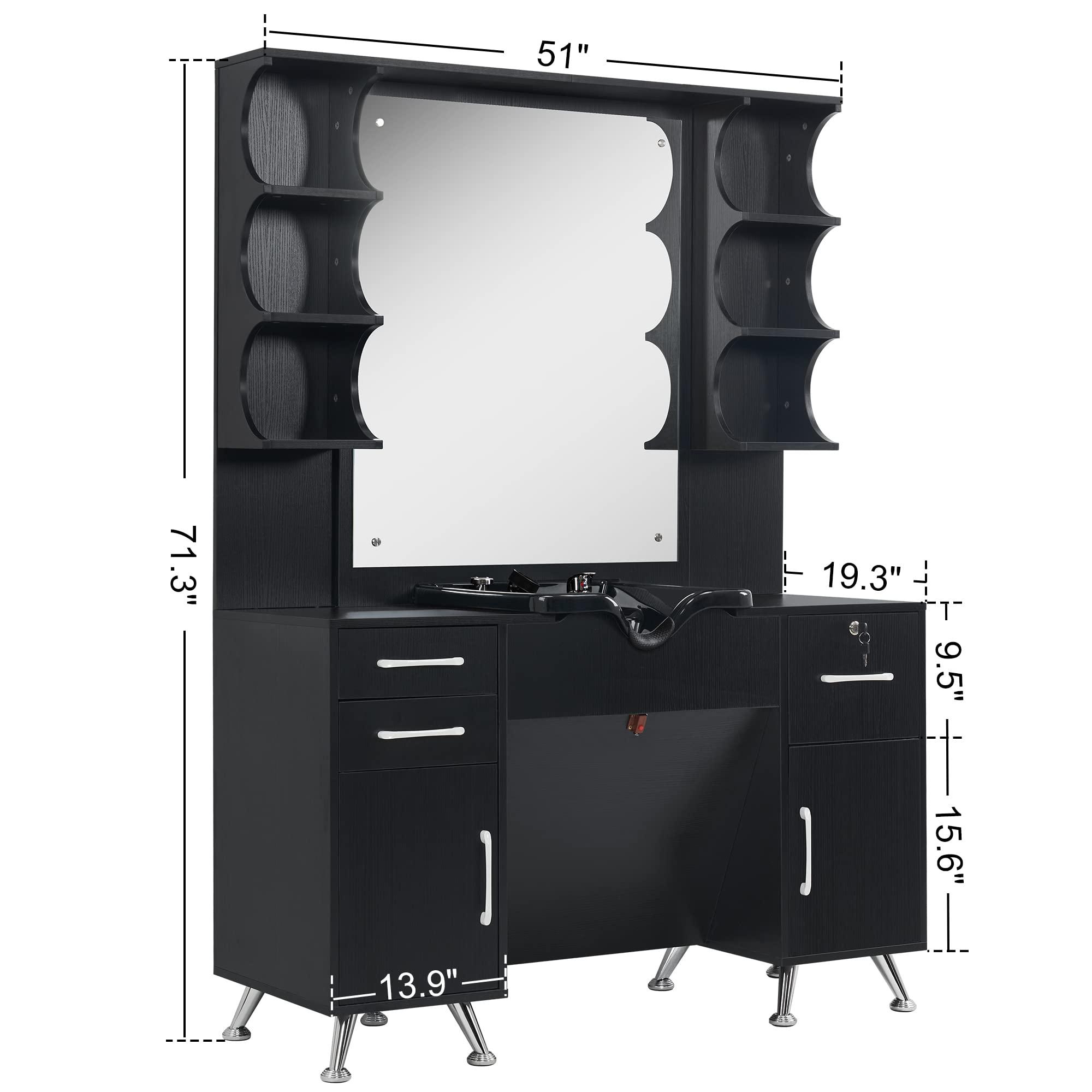 BarberPub BarberPub Backwash Shampoo Bowl Cabinet, Wall Mount Station with Mirror, Storage Cabinet with Drawers & Shelf Salon Equipment 3141 (Black)