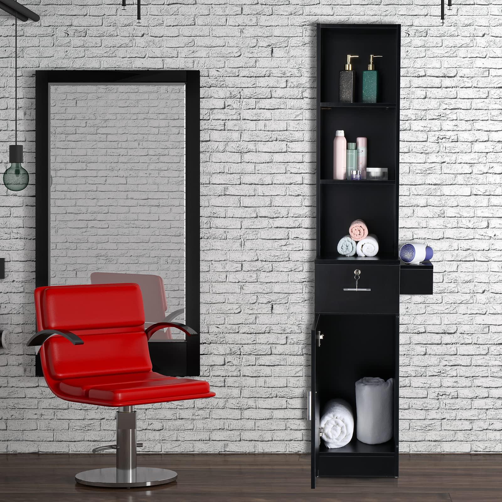 OmySalon OmySalon Salon Hair Styling Station, Barber Salon Equipment with a 3-Tier Storage Shelf, 1 Drawer, a Large Storage Cabinet and 3 Hair Dryer Holders, Black