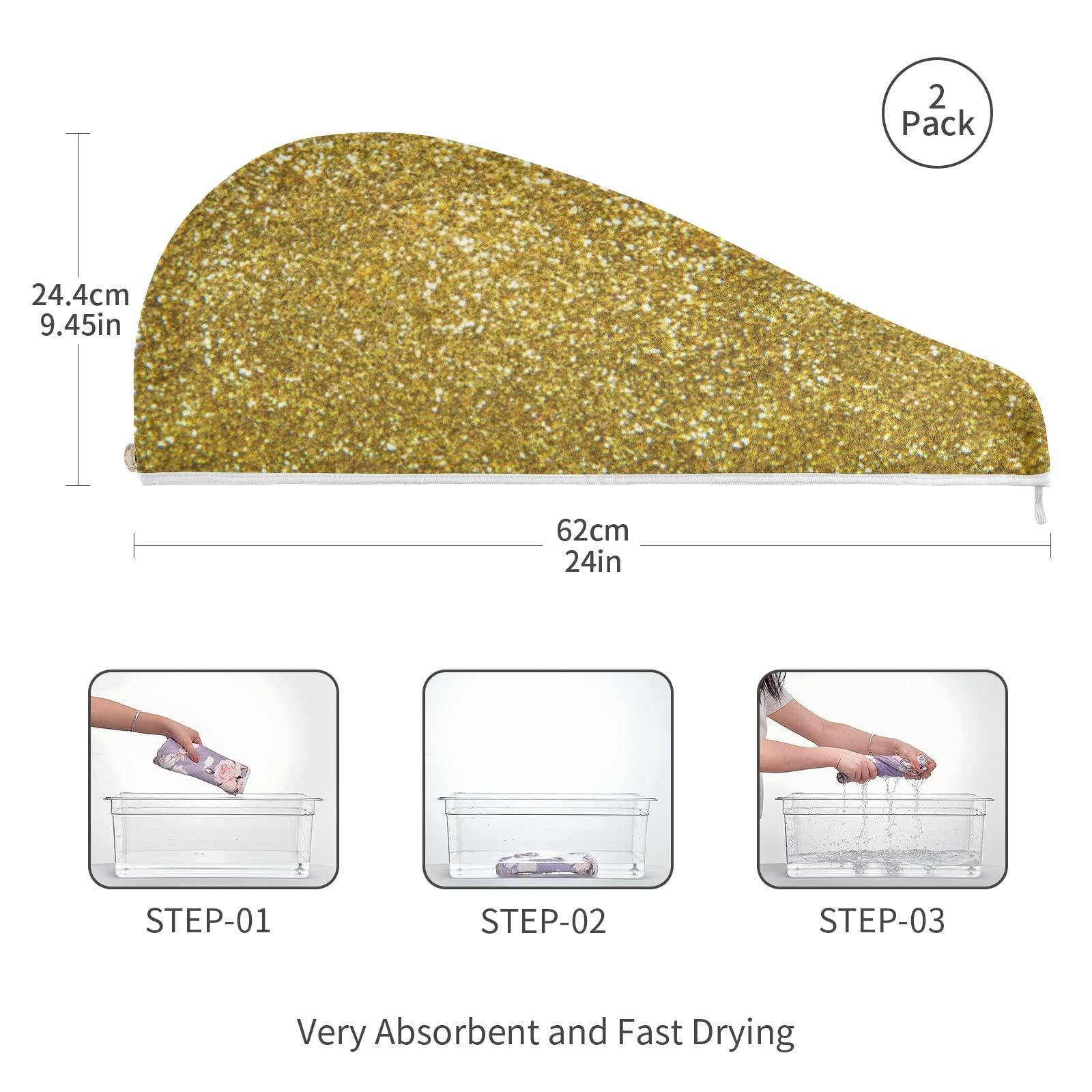 Poeticcity Golden Shiny Gold Glittering Background Yellow Holiday Tinsel 2 Packs Hair Towel Wrap, Absorbent Turban Bath Hair Towel Hat, Quick Drying Hair Towel with Button for Curly, Long, Thick Hair