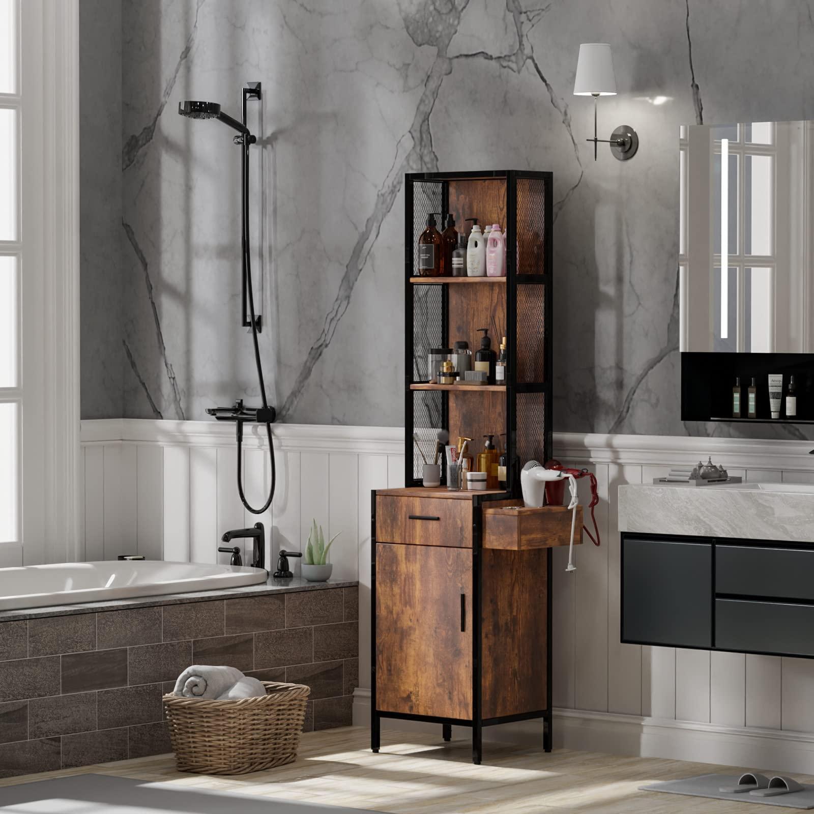 LEADZM LEADZM Salon Station for Hair Stylist, Wall Mount Barber Stations, Hair Styling Storage Cabinet with 3-Tier Open Shelves,1 Drawer, 1 Cabinet & 3 Hot Tool Holders,Rustic Brown