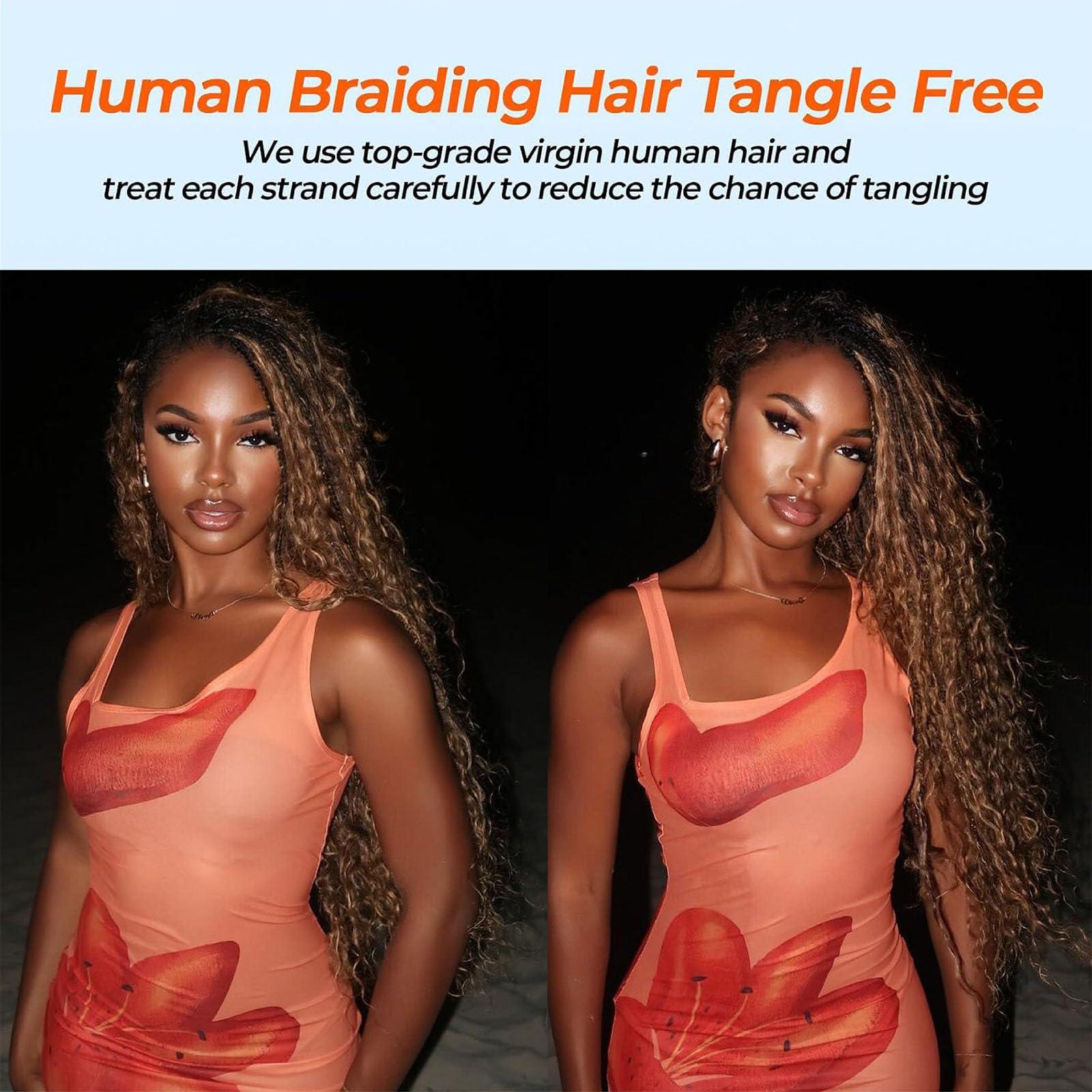 Slide-Ex Human Braiding Hair for Boho Braids #27 22 Inch 2 Bundles 100g Deep Wave Bulk Human Boho Hair for Braiding 14A Virgin Curly Human Hair for Boho Knotless Braids Human Hair(P27, 22 Inch)