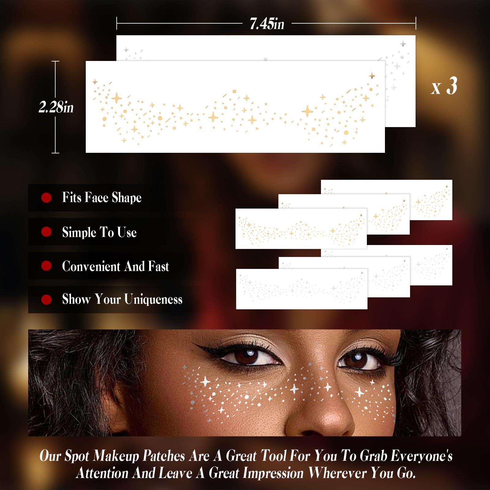 BLAAROOM Glitter Freckles Face Tattoo 6 Sheets Face Makeup Patches Gold & Silver Star Fake Freckles Cute Temporary Makeup Accessories for Women Girls Party - Set2