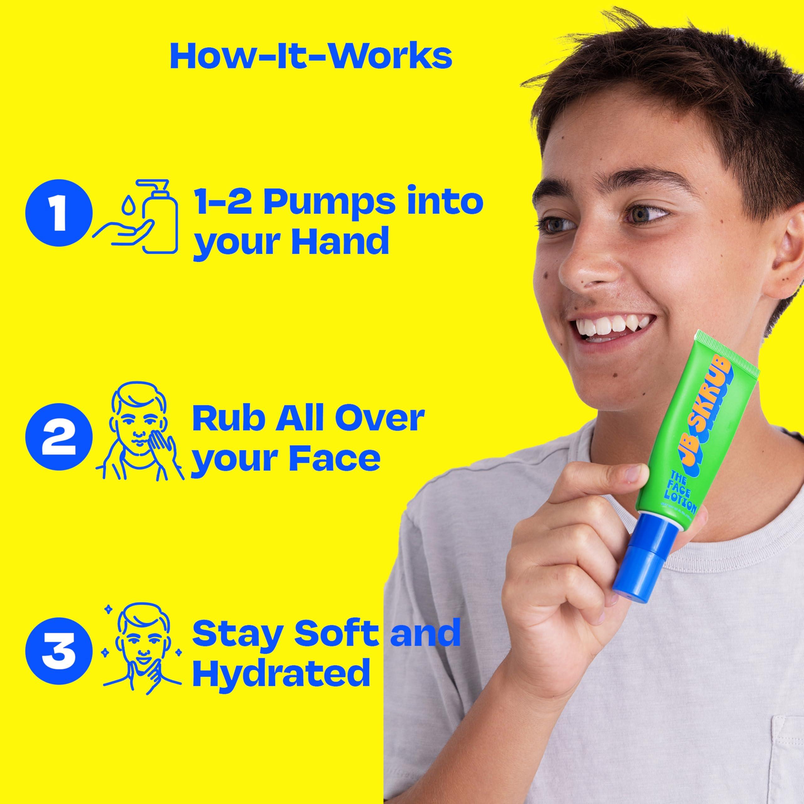 JB SKRUB JB SKRUB The Face Lotion - Hydrating Skin Care for Kids and Teens, Acne Face Moisturizer, Fast-Absorbing & Oil-Control, Blue Light Protection, Vegan & Cruelty-Free, 1.7 oz