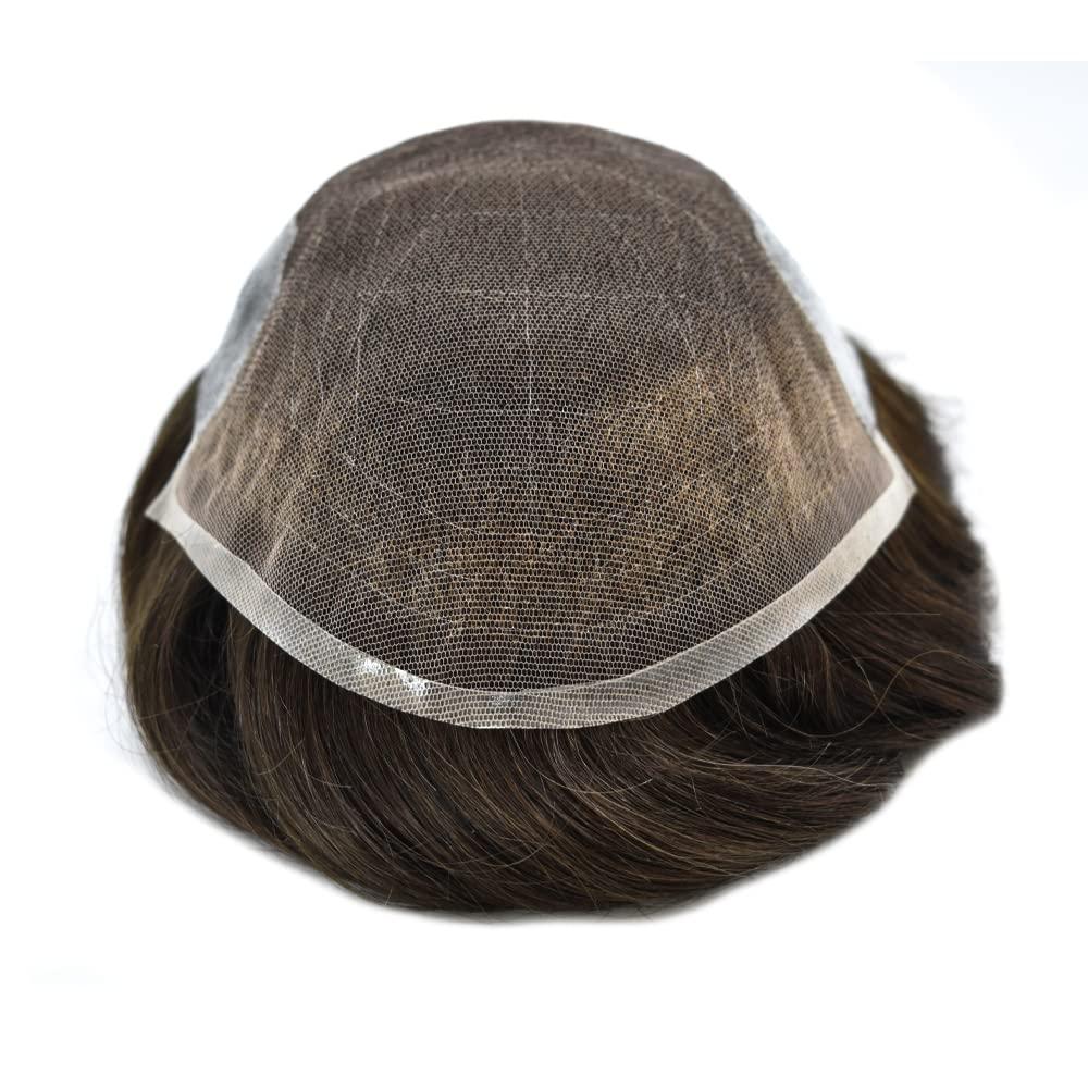 CURVE HAIR Lace Hair System For Mens Human Hair System Mens Toupee Hair Piece Bleached Knots Natural Hairline Mens Hair Piece Men Toupee (8\'\'X10\'\'-100% density, 2 DARKEST BROWN)