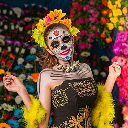 FATHER.SON 4 Pack Halloween Face Tattoo, Day of the Dead Sugar Skull Temporary Tattoos Makeup Kit for Men and Women Halloween Costume