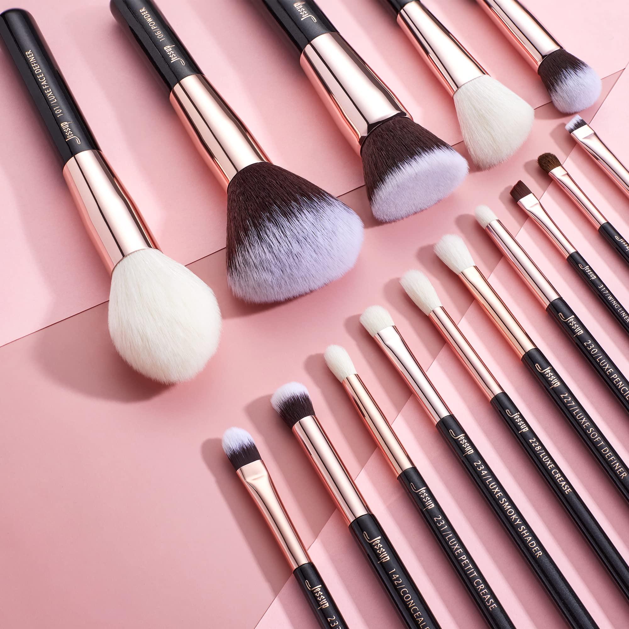 Jessup Jessup Makeup Brushes, Labeled Makeup Brush Set Premium Synthetic and Natural Hair Foundation Powder Concealer Eyeshadow Blending 15pcs Brush Kit, Rose Gold/Black T160