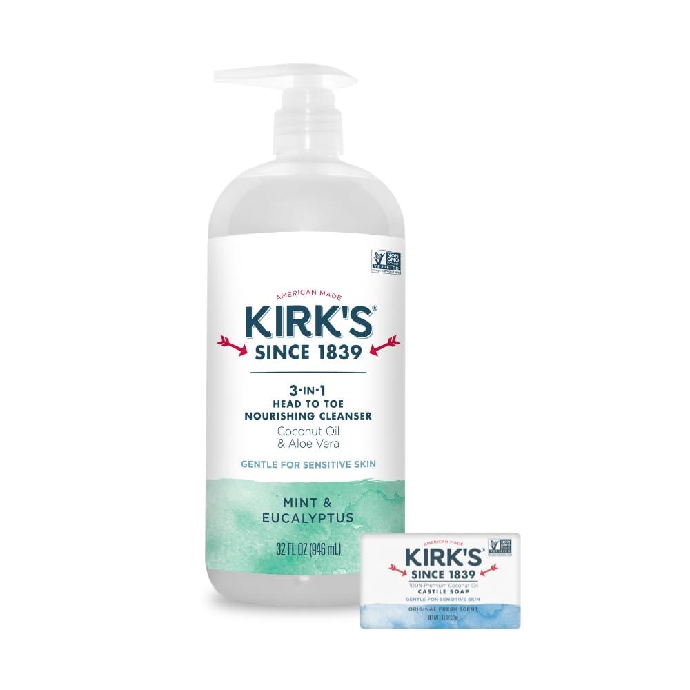 Kirk's Kirk\'s 3-in-1 Head to Toe Nourishing Liquid Cleanser & Travel Size Bar Soap - for Men, Women & Children - Premium Coconut Oil & Aloe Vera- Non GMO & Vegan -Mint & Eucalyptus - 32 Fl Oz