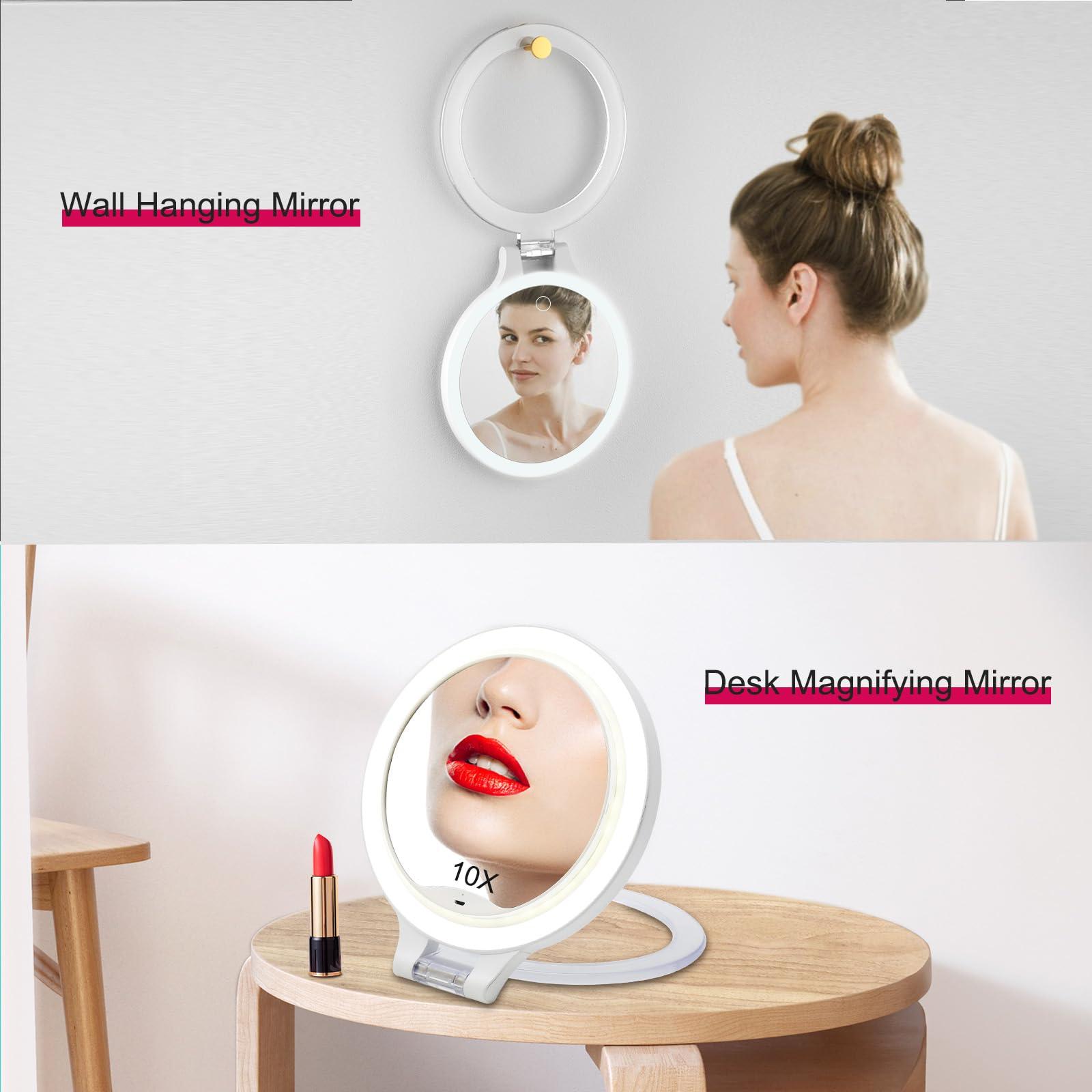 Famihomii Magnifying Travel Magnifying Mirror with Light, Makeup Mirror with 3 Color Lights and Magnification, Lighted Rechargeable Portable Cosmetic Foldable Mirror, Dimmable Adjustable Rotation with Bag