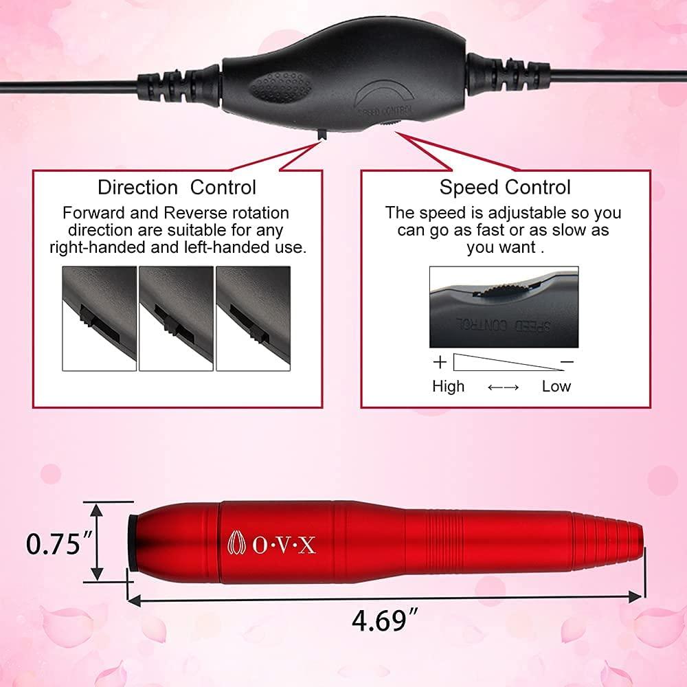 OVX Electric Nail Drill, Professional Portable Nail Drill for Acrylic Nails, Portable Electric Nail File Kit with Nail Drill Bits and Sanding Bands,Manicure Pedicure for Polishing,Nail Removing(Red)