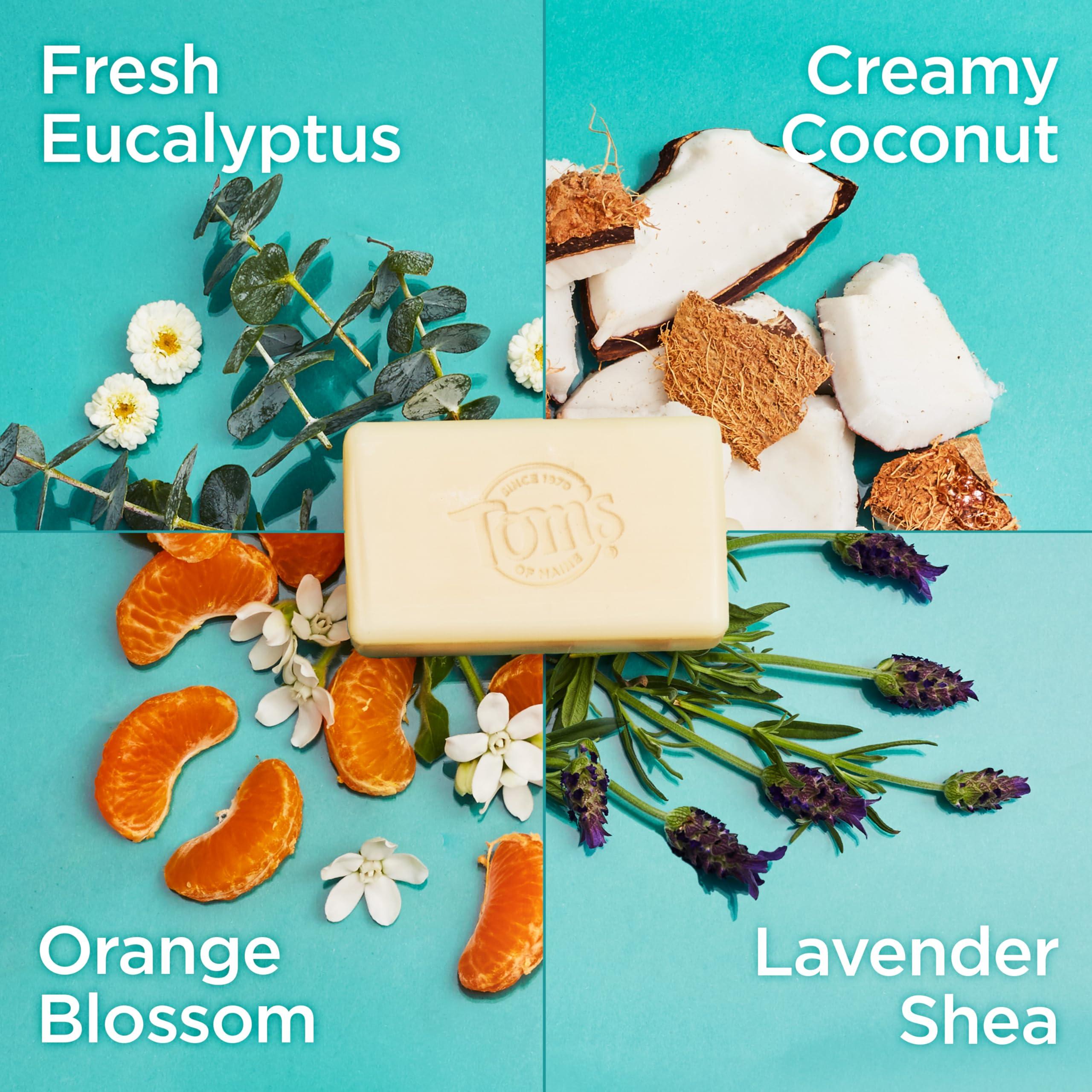 Tom\'s of Maine Tom\'s of Maine Bar Soap Variety Pack, Natural Bar Soap for Women and Men, Lavender & Shea, Fresh Eucalyptus, Creamy Coconut, Orange Blossom, 5 oz Bars (4-Pack)