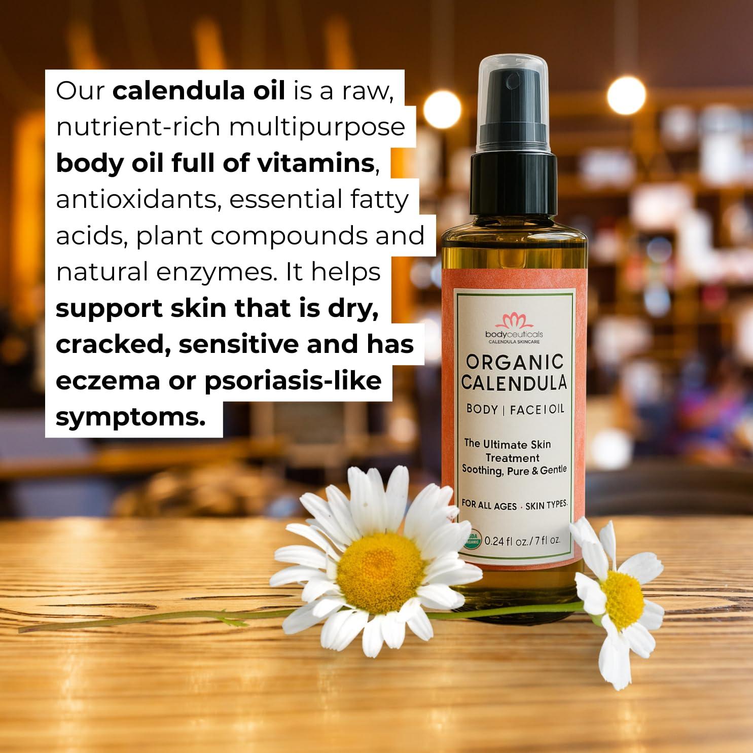 Bodyceuticals Calendula Skincare, Bodyceuticals Ca Bodyceuticals 100% Certified Organic Calendula Oil - High Potency Farm Fresh Flower & Olive Oil | Moisturizing Skincare & Repair| Non-GMO | Vegan | Kosher | Wheat-Free | Gluten-Free | Soy-Free | 7.5oz