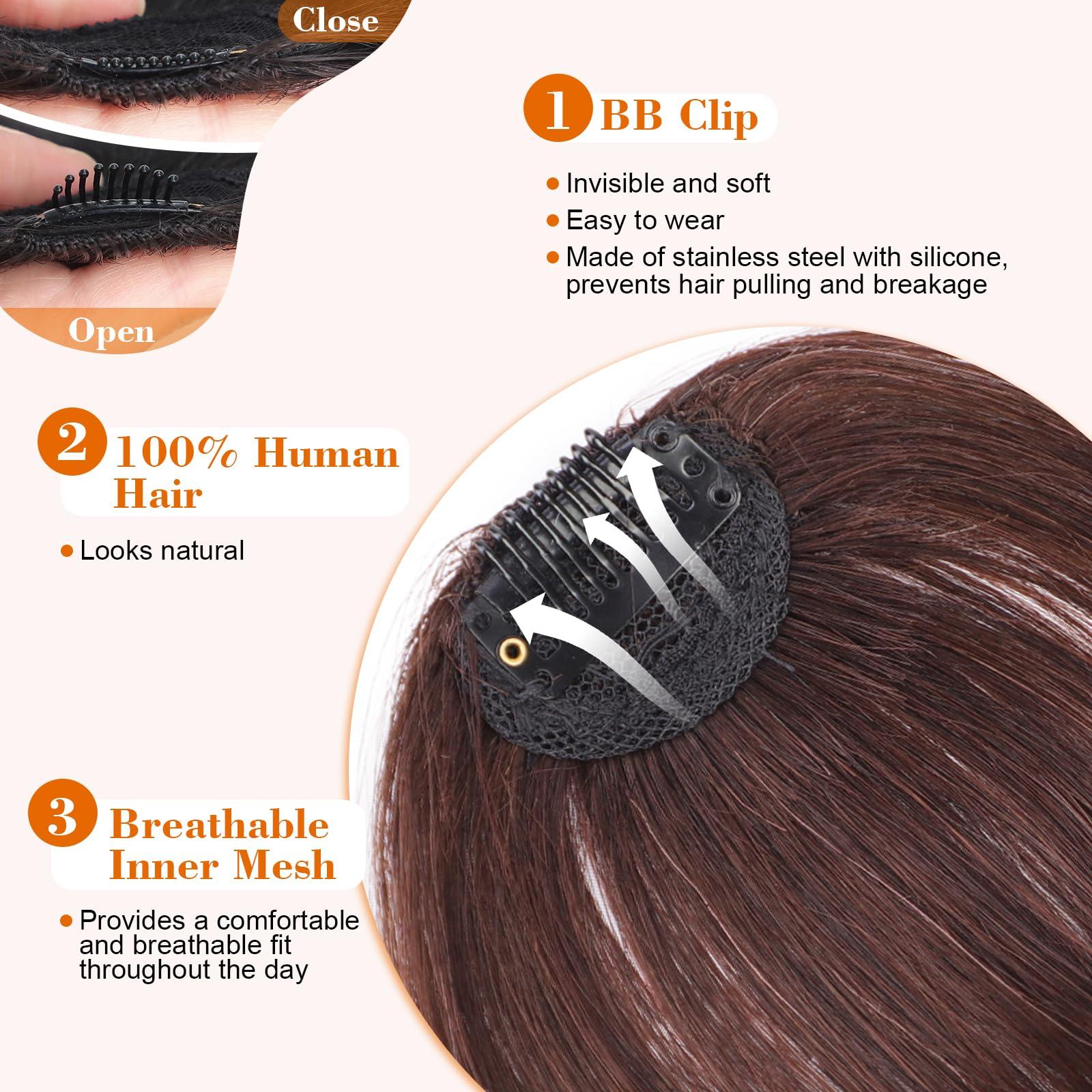 QGZ QGZ Clip in Bangs-Fake Bangs Hair Clip Fringe with Temples Hairpieces 100% Real Human Hair Extensions Curved Clip On Bangs for Women(Dark Auburn Brown Air Bangs)