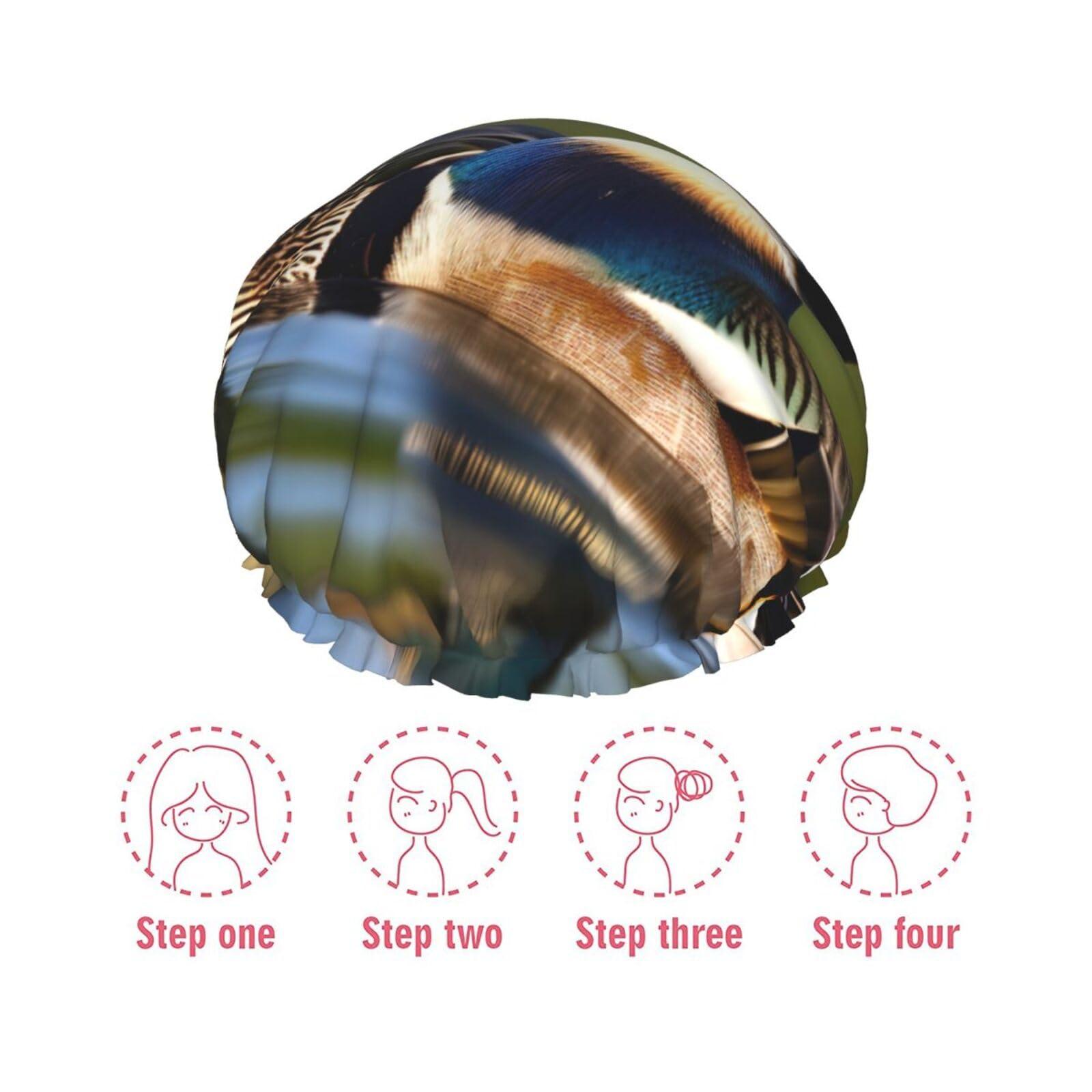 FRGMNT two mallard ducks Print Reusable Shower Cap for Women,Double Waterproof Layers Bathing Hat,Quick Drying Bath Hair Cap