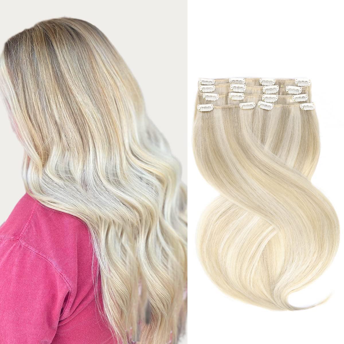 marat Marat Hair Extensions Clip in Human Hair, Ash Blonde Highlighted Platinum Blonde Clip in Hair Extensions 16 inch 120g Straight Clip in Hair Extensions Human Hair