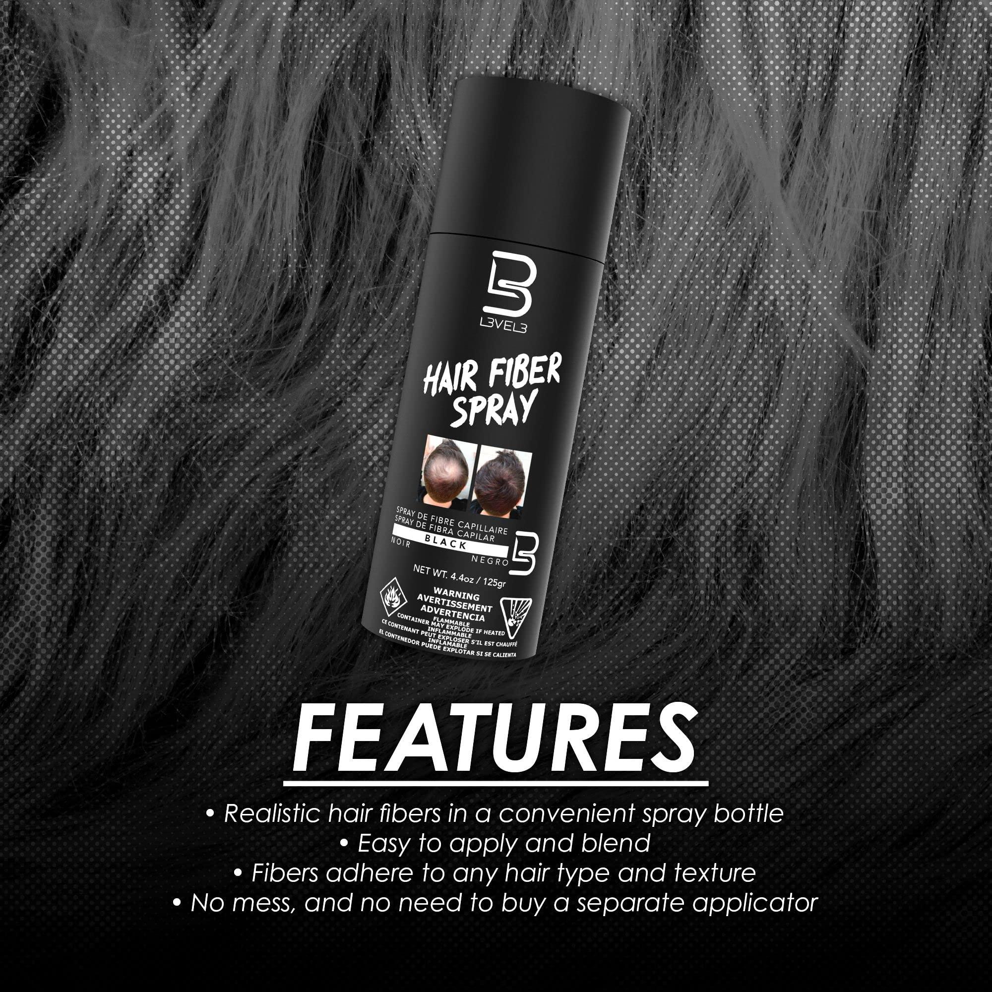 L3 L3 Level 3 Black Hair Fiber Spray - Covers Bald Spots & Thinning Hair - Instant Gray Coverage & Thicker Hair Appearance