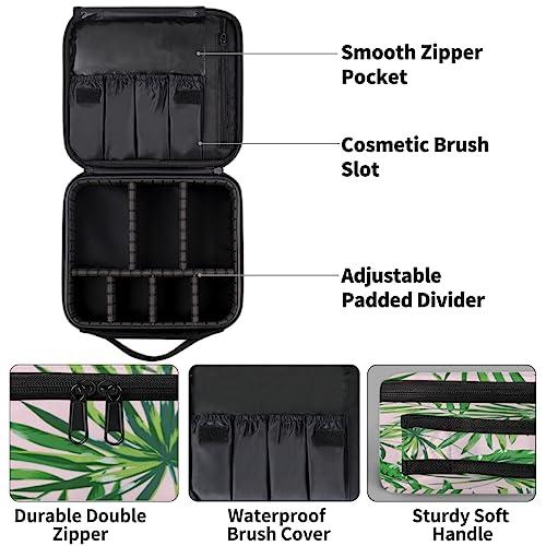 QsirBC QsirBC Makeup Train Case with Adjustable Dividers, Portable Make Up Bag for Women, Toiletry Bag for Men with Waterproof Brush Cover, Palm Tree Leaves Travel Makeup Organizer Makeup Box