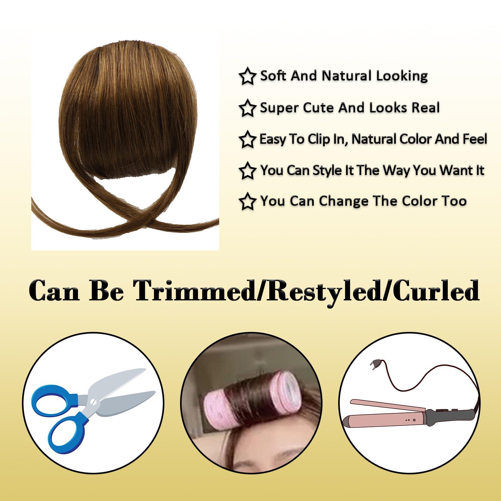 Savasana Savasana Clip on French Bangs-Real Human Hair Clip in Bangs Hairpieces Fake Air Bangs Fringe with Temples Bangs Hair Extensions(French Bangs, Medium Brown)