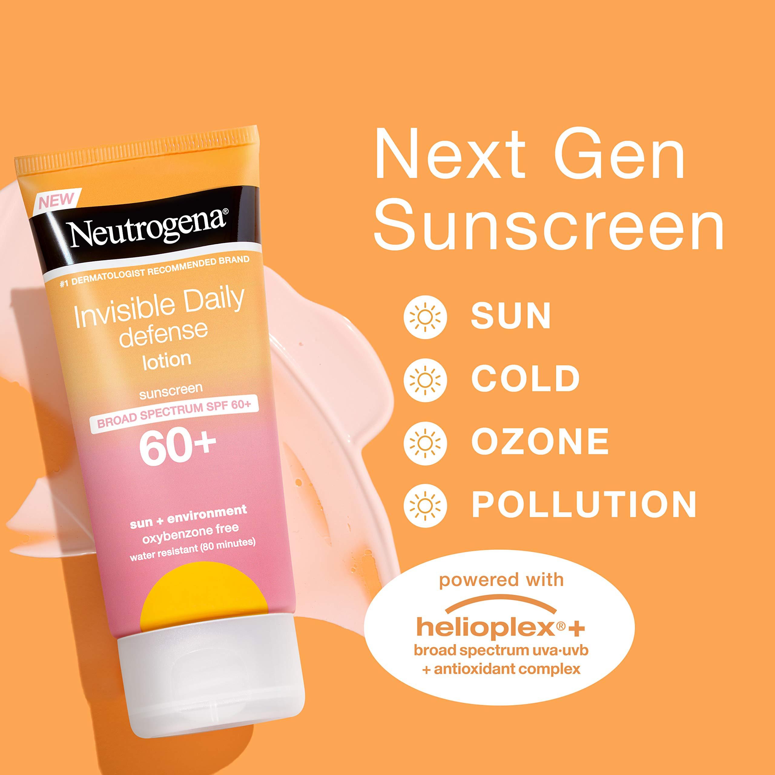 Neutrogena Neutrogena Invisible Daily Sunscreen Lotion, Broad Spectrum SPF 60+, Oxybenzone-Free & Water-Resistant, Sun or Environmental Aggressor Protection, Antioxidant, 3 Fl Oz (Pack of 1)