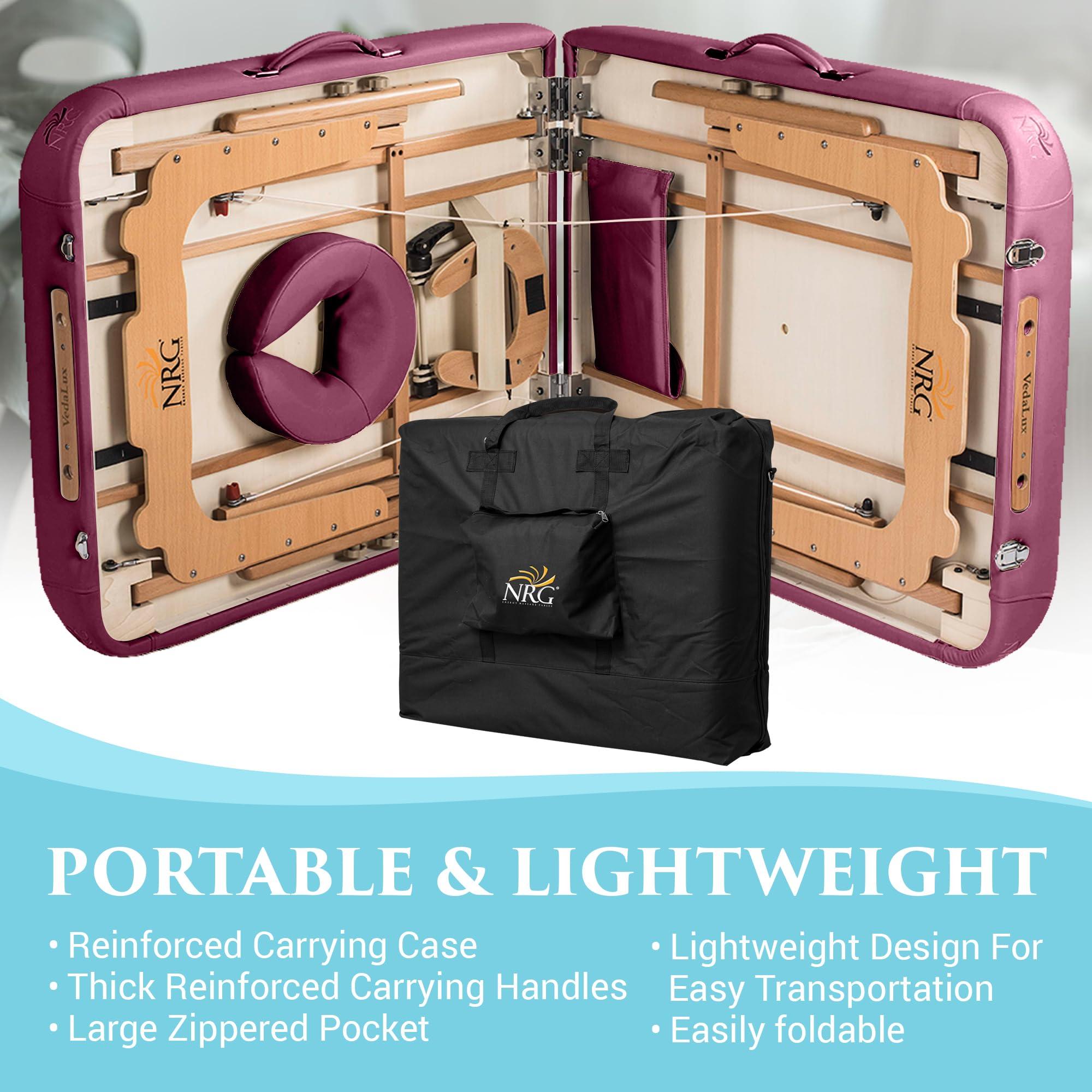 NRG NRG Vedalux Portable Massage Table Package Burgundy - Folding Massage Bed Lightweight Massage Table - Professional Massage Table Spa Bed, Face Cradle, Hanging Armrest, & Carrying Case