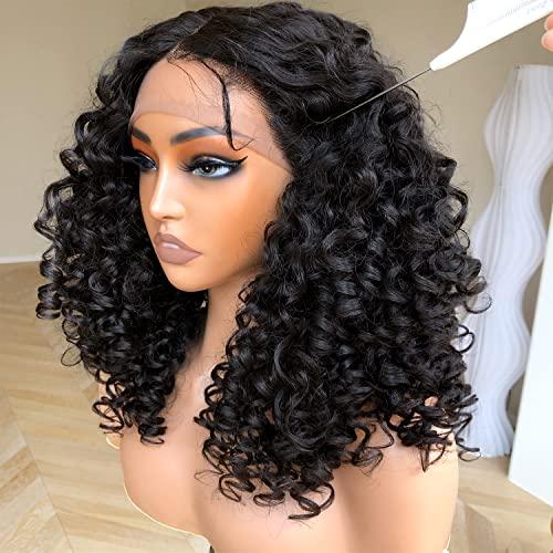 BlackSwern BlackSwern Curly Lace Front Wigs Pre Plucked, Lace Front Wigs Curly Hair Synthetic Lace Front Wig, Glueless Big Curly Wigs for Black Women Natural Black Color