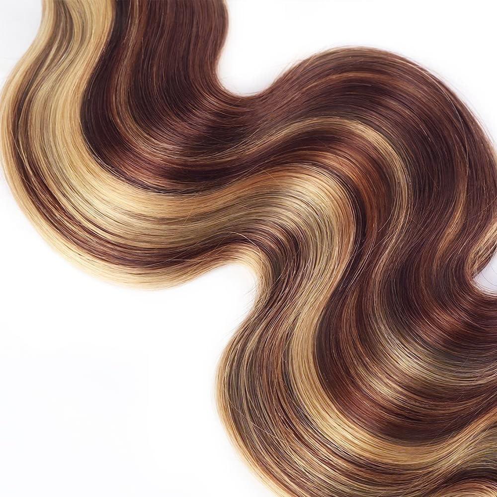 AuokMar Highlight Bundles Human Hair P33/613 Body Wave Bundles 8A Peruvian Virgin Hair 3 Bundles 14 16 18 Inch Reddish Brown Mixed With 613 Blonde Body Wave Bundles Hair Extensions 300g