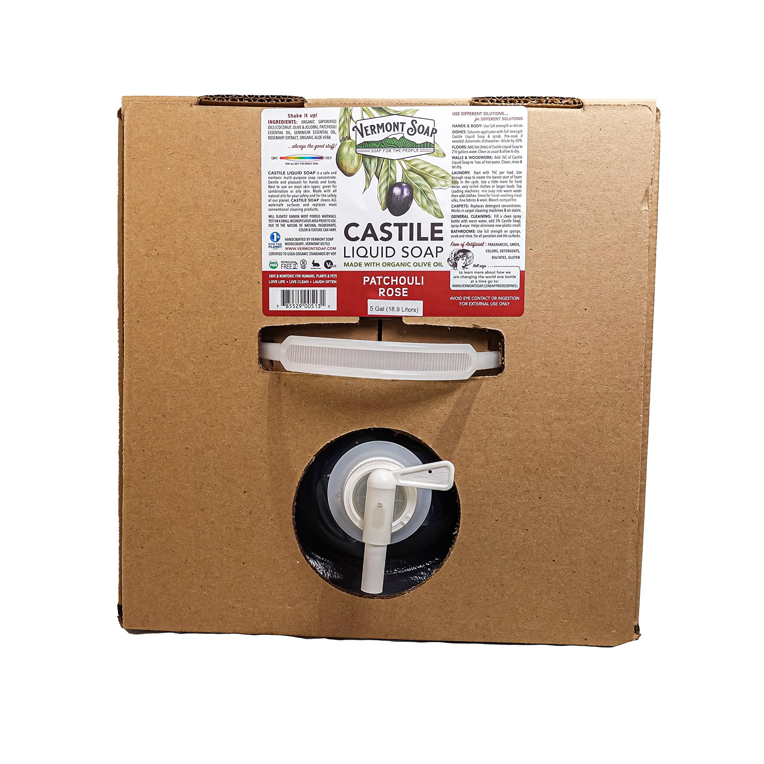 VERMONT SOAP Vermont Castile Soap Patchouli Rose, Gentle Liquid Soap for Sensitive Skin & Natural Body Wash, Organic Hair Shampoo for Oily Hair, Aloe Castile Soap for Men & Women - 5 Gallon