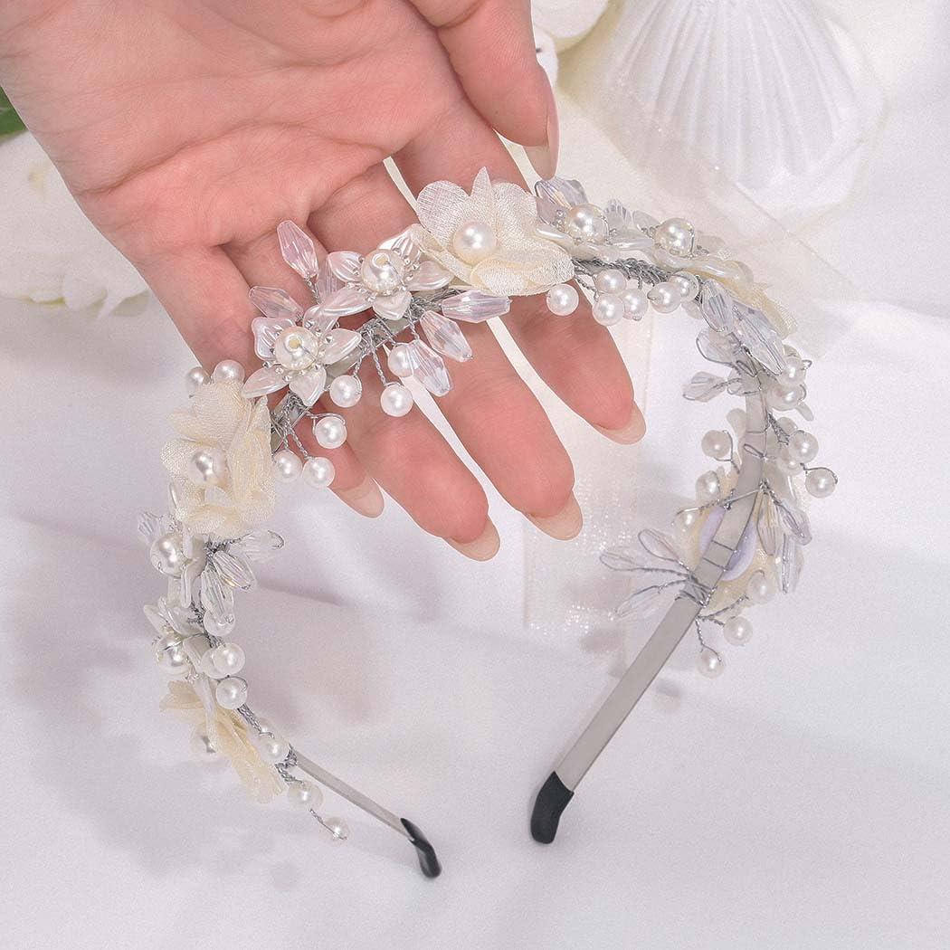 Campsis Campsis Hairband - White Flower Headband for Girls, Pearl Princess Girl Hair Bands, Wedding Bride Hair Accessories for Women and Girls