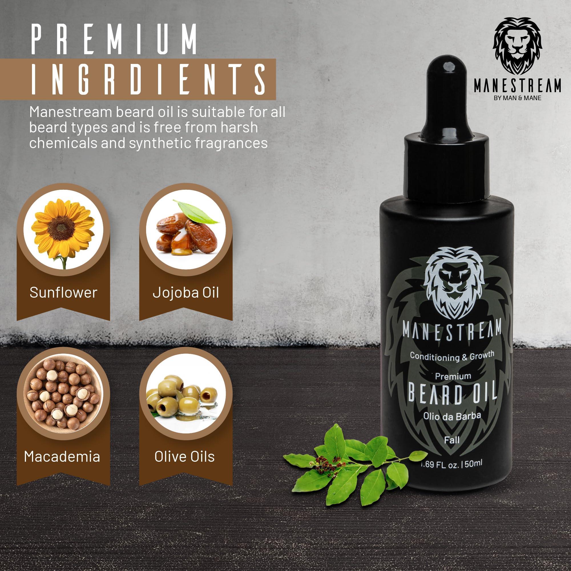 MAN & MANE MAN & MANE Manestream Beard Oil for Men, Beard Growth Oil, Hair Growth Oil with Jojoba, Macadamia, Sunflower, Olive Oils - 50ml (Fall (Sandalwood))