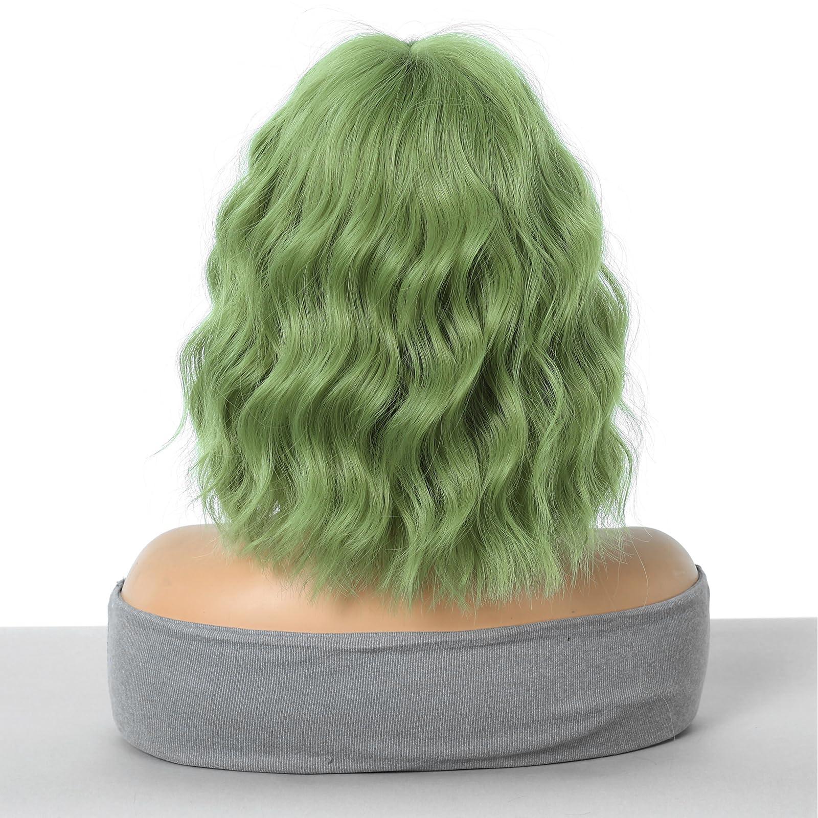 incohair incohair Green Wigs matcha green Wig with Bangs Women Girls Short Curly Wavy Bob Wig Shoulder Synthetic Party Wigs Wig Cap Included (matcha green)
