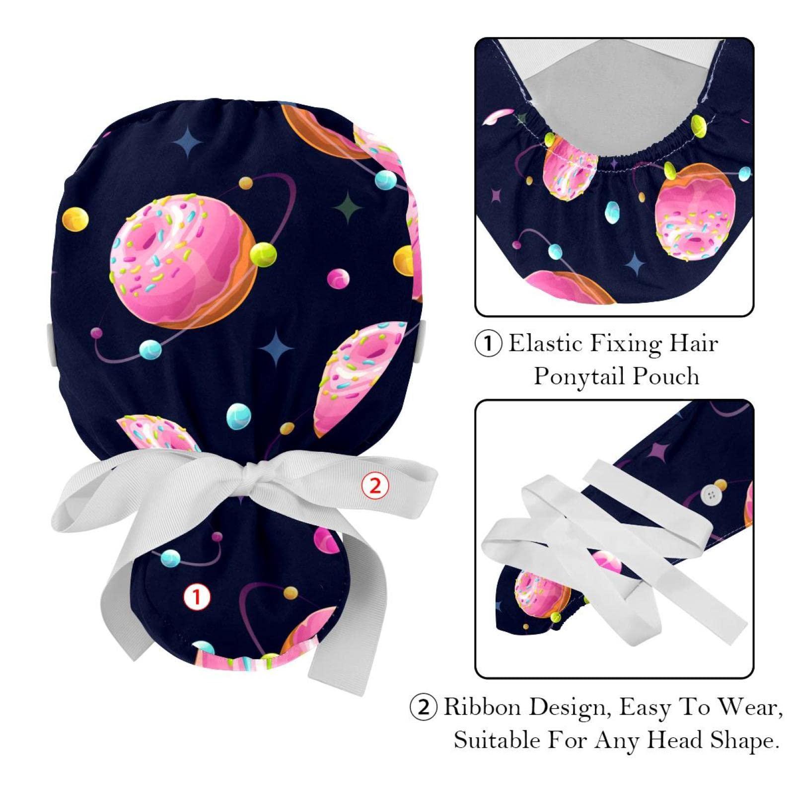 Lyetny Space Donut Planet Universe Scrub Caps Hats Women Bouffant Working Hat Ponytail Holder for Women Long Hair Covers 2PCS