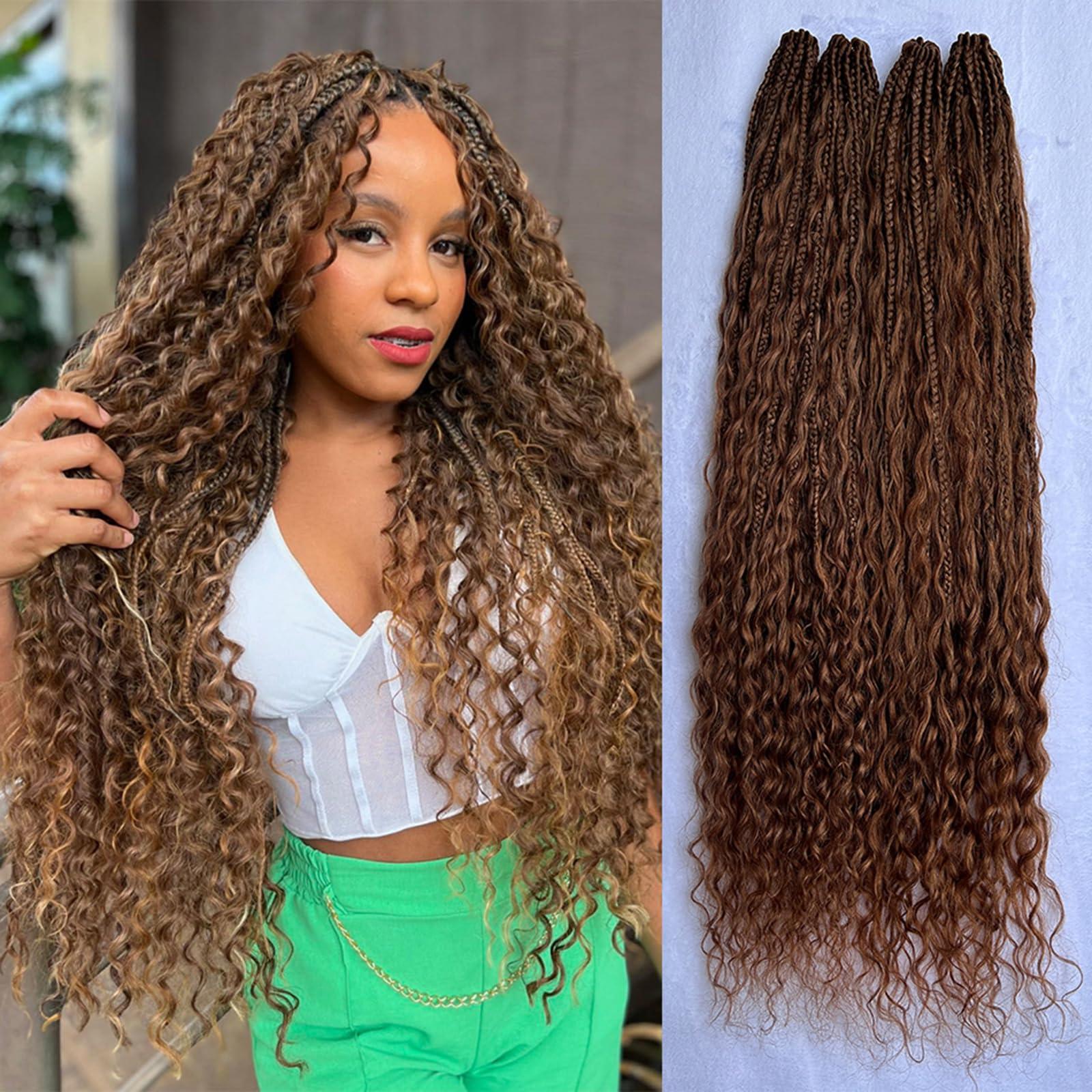 CHARMING YOU Color 30 Honey Brown Pre Looped Boho Box Crochet Braids Human Hair Curls Ends Goddess Knotless Braids Hair Extensions Bundles Loose Deep Wave for Women #30 18Inch 80 Strands