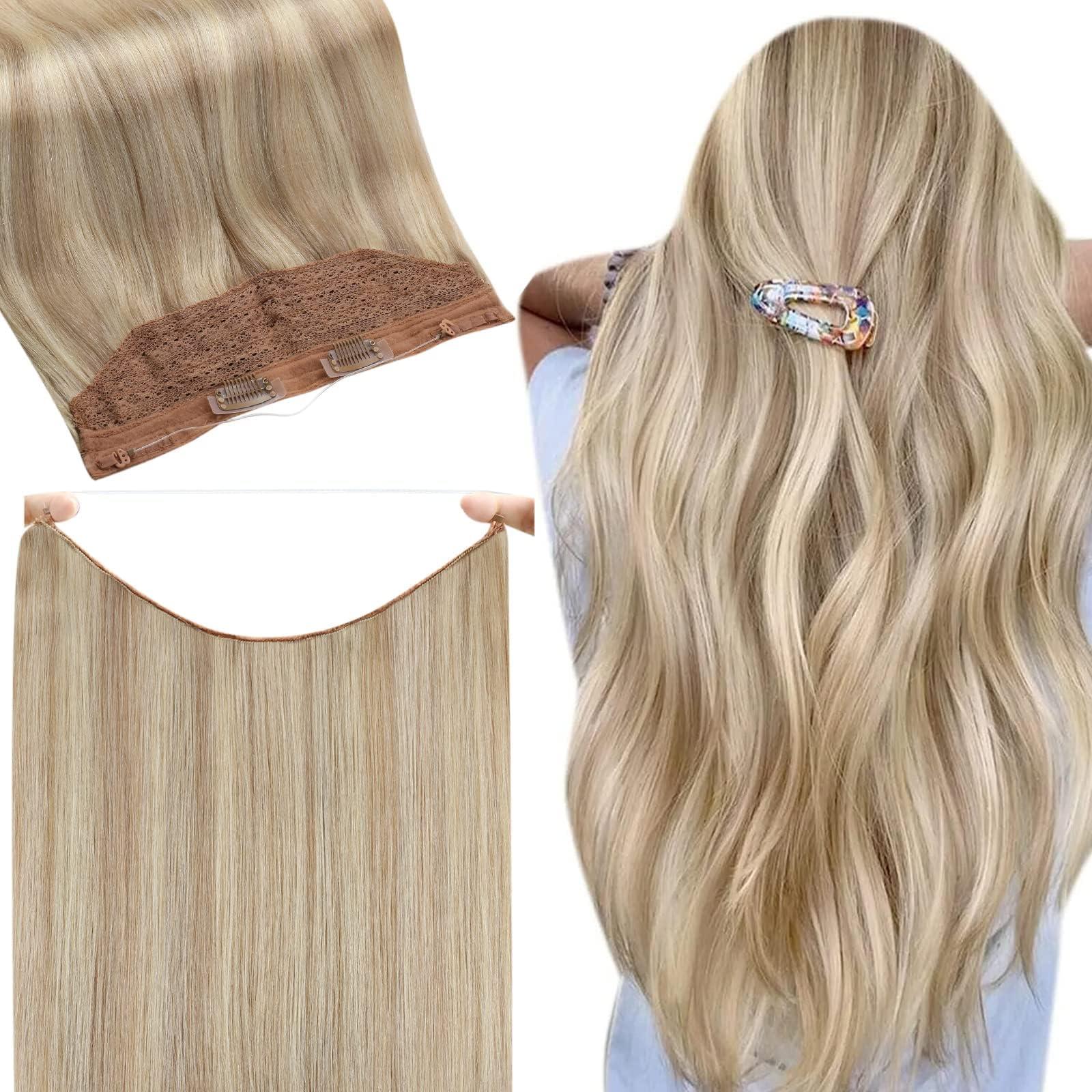 Fshine Fshine Invisible Wire Hair Extensions Real Human Hair Ash Blonde 18 Highlighted Bleach Blonde 613 One Piece Clip in Hair Extensions Soft Remy Human Hair Hidden Wire Human Hair Extension 20Inch 80G