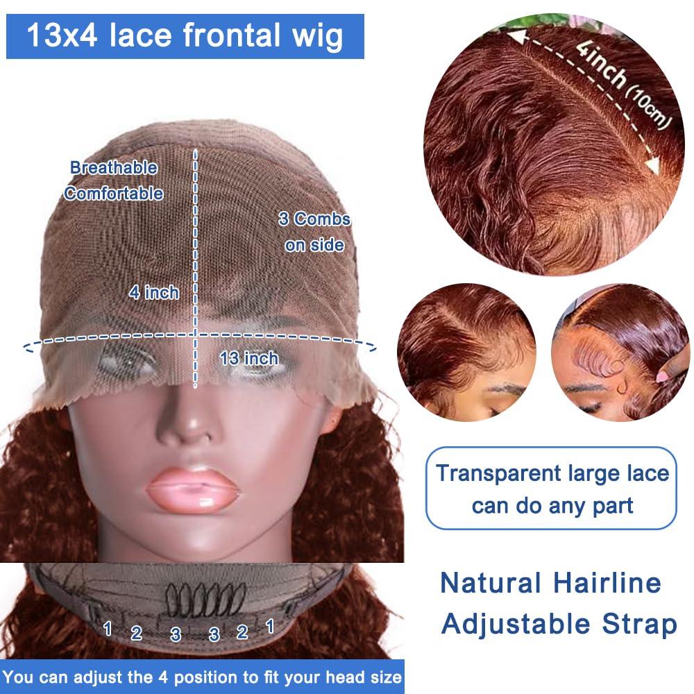 AHUFALU Reddish Brown Curly Lace Front Wigs Human Hair 13X4 Free Part Copper Deep Curly Wig Bleached Knots Auburn Brown Colored Water Wave Lace Front Wig Pre Plucked With Baby Hair 180% Density 28 inch