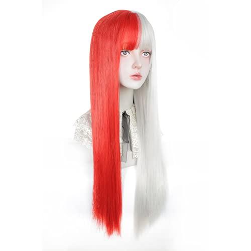 Styler Styler Half White Half Red Wig with Bangs, Long Straight Anime Cosplay Wig for Women, Heat Resistant Synthetic Halloween Hair Wigs