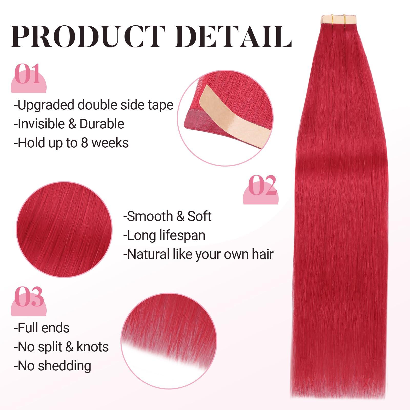 MAXITA MAXITA Tape in Hair Extensions Human Hair Red Hair Extensions Tape ins, 10pcs 25g 18 Inch Colored Party Highlight Tape in Extensions Straight Soft Real Human Hair Extension