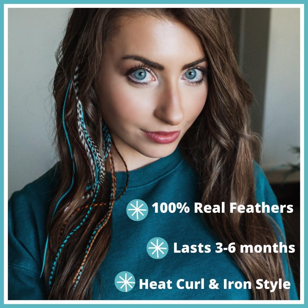 Feather Lily Hair Feathers Extensions Kit, Long Real Rooster Feathers for Hair with DIY Microlink Beads and Loop Tool, Western Turquoise Blue and Brown Naturals