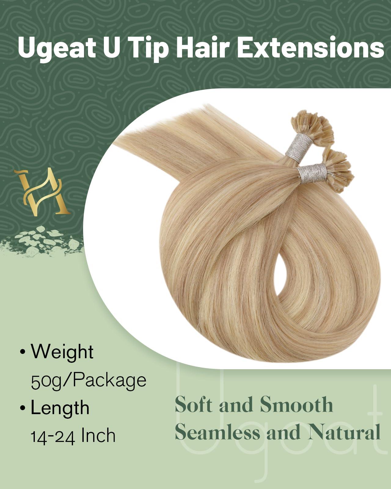 Ugeat Ugeat Utip Human Hair Extensions Dark Ash Blonde Highlights Golden Blonde U Tip Keratin Bond Hair Extensions for Women Add Length No Shedding 22 Inch 50G 50S