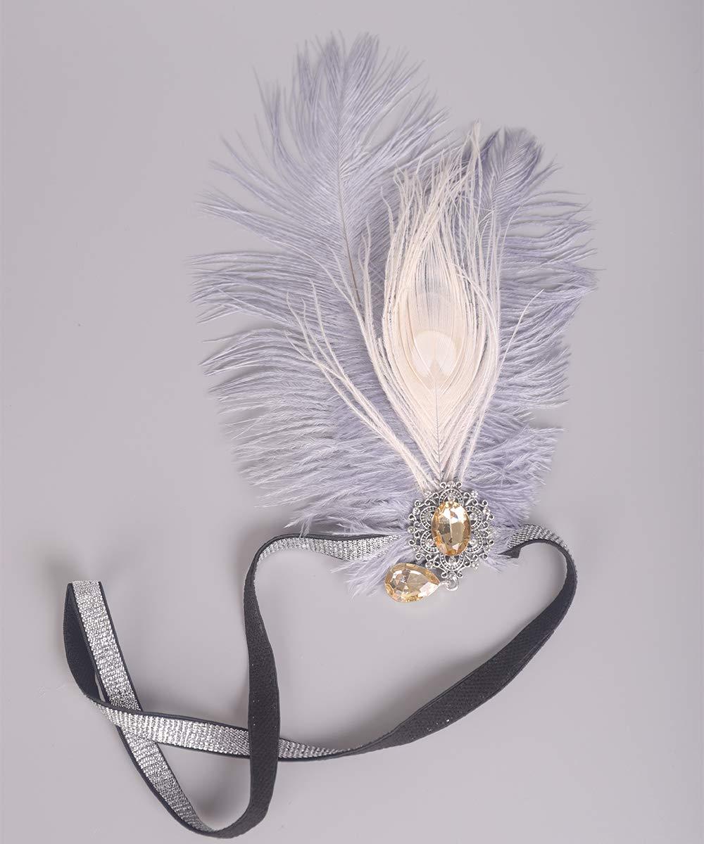 Aimimier Aimimier 1920s Flapper Peacock Feather Headband Gray with Elastic Band Crystal Teardrop Costume Themed Party Feather Headpiece Hair Accessories for Women