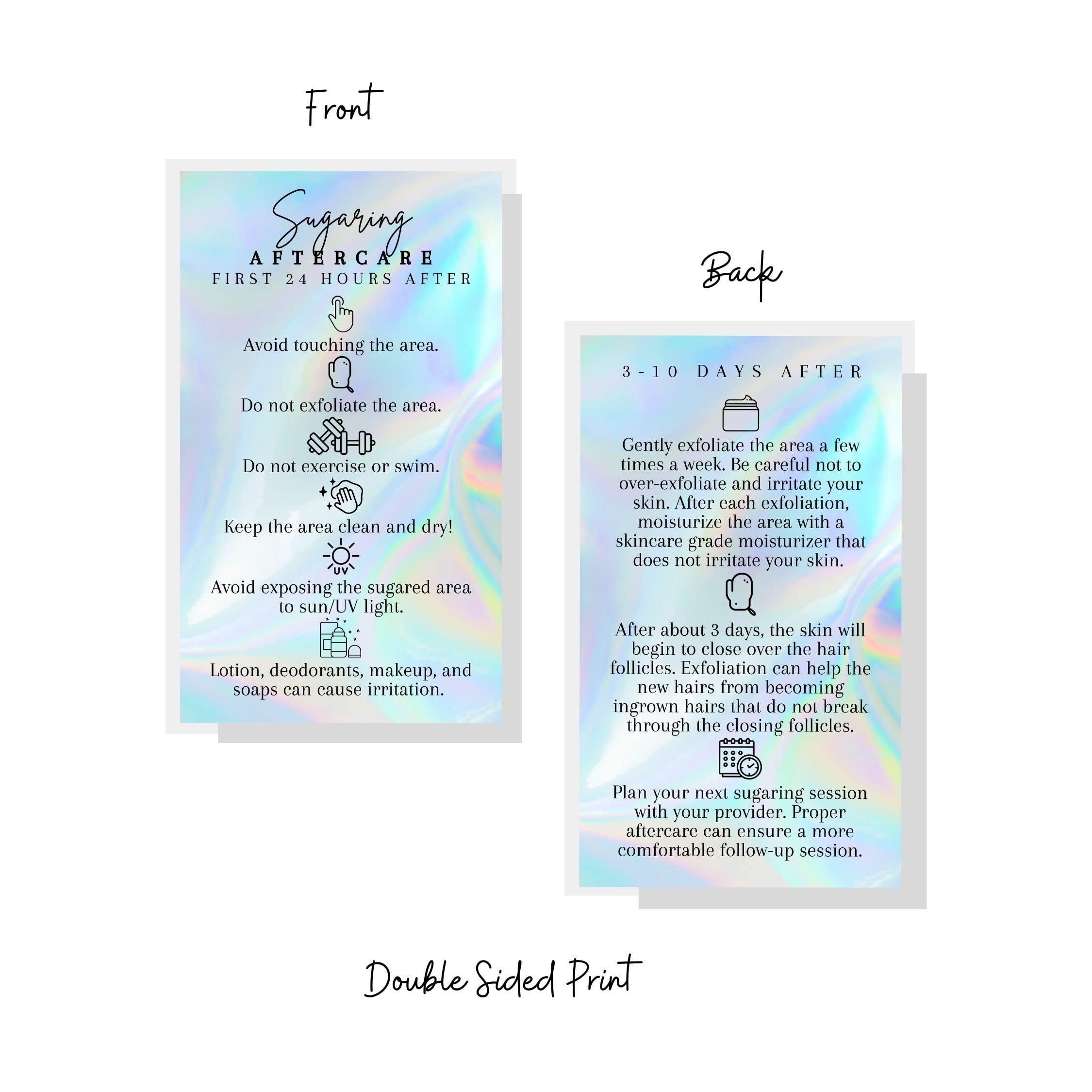 Lashicorn Sugaring Hair Removal Aftercare Cards | 50 Pack | Size 2x3.5 inches Business Card Size | Waxing Aftercare Kit Cards | Client Hand Out Wax Post Sugar FAQs Aftercare Faux Holographic Rainbow design
