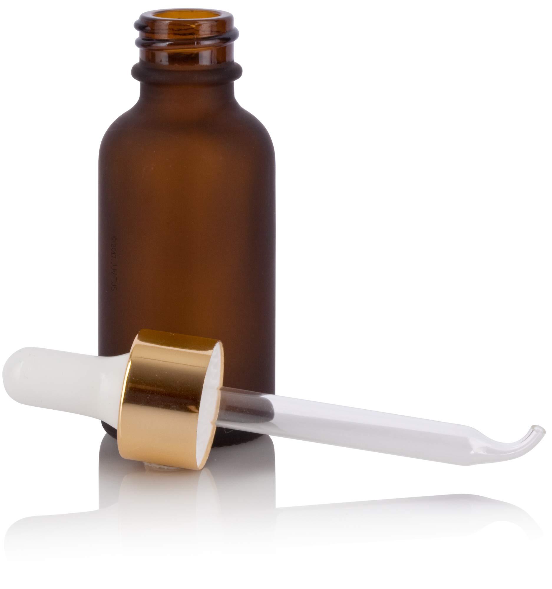 JUVITUS JUVITUS 1 oz / 30 ml Frosted Amber Glass Boston Round Bottle with Gold Metal and Glass Dropper (6 pack) + Funnel