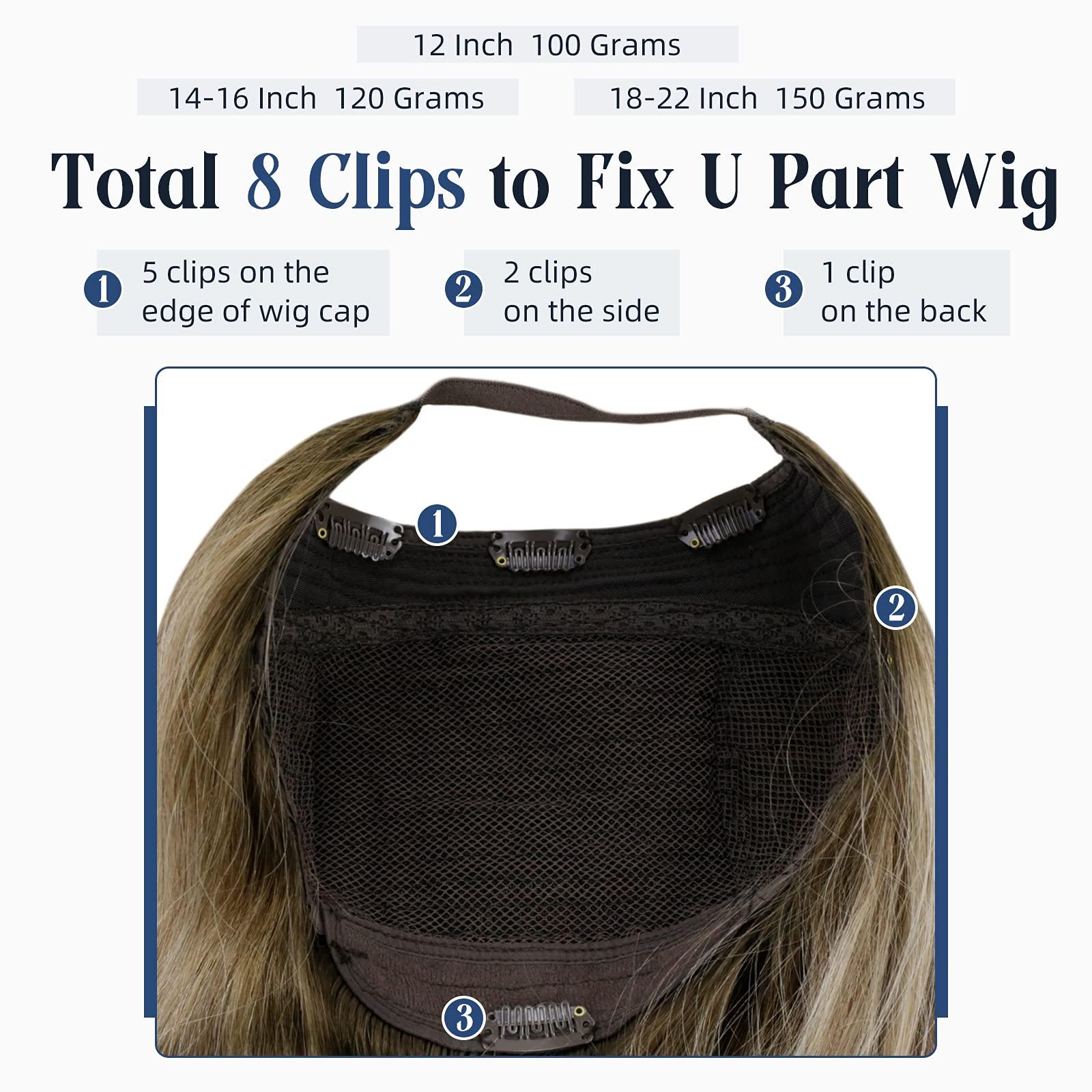 Full Shine Full Shine U Part Wig Human Hair Clip in Wigs Human Hair Highlighted U Part Wigs Real Hair U Shape Half Part Wig Straps Combs Brown Fading to Blonde Balayage Hair Wigs 120G 16 inch