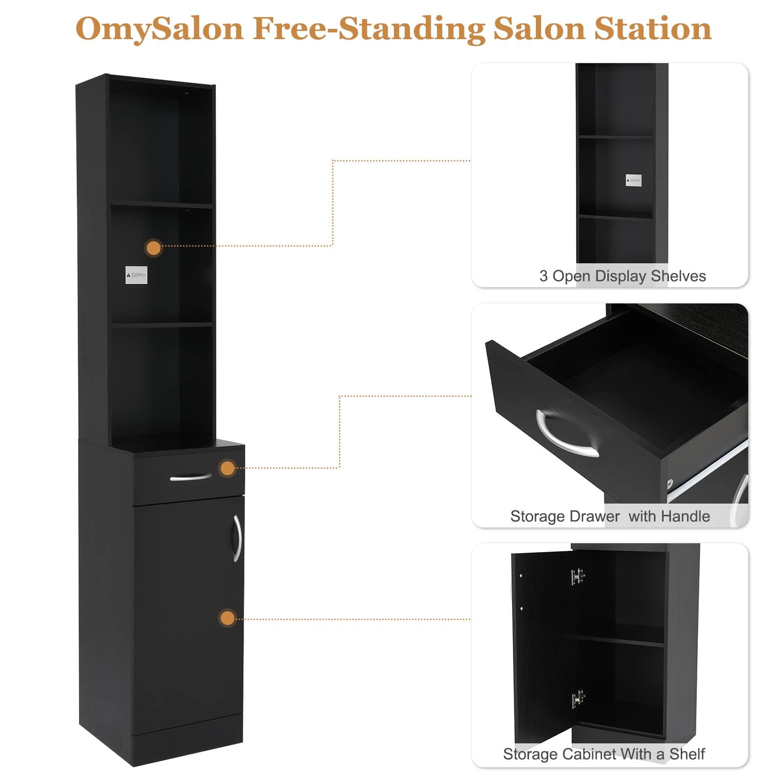 OmySalon OmySalon Salon Hair Styling Station, Barber Storage Cabinet, Salon Equipement with 5 Compartments, 1 Drawer, 1 Door (Black)