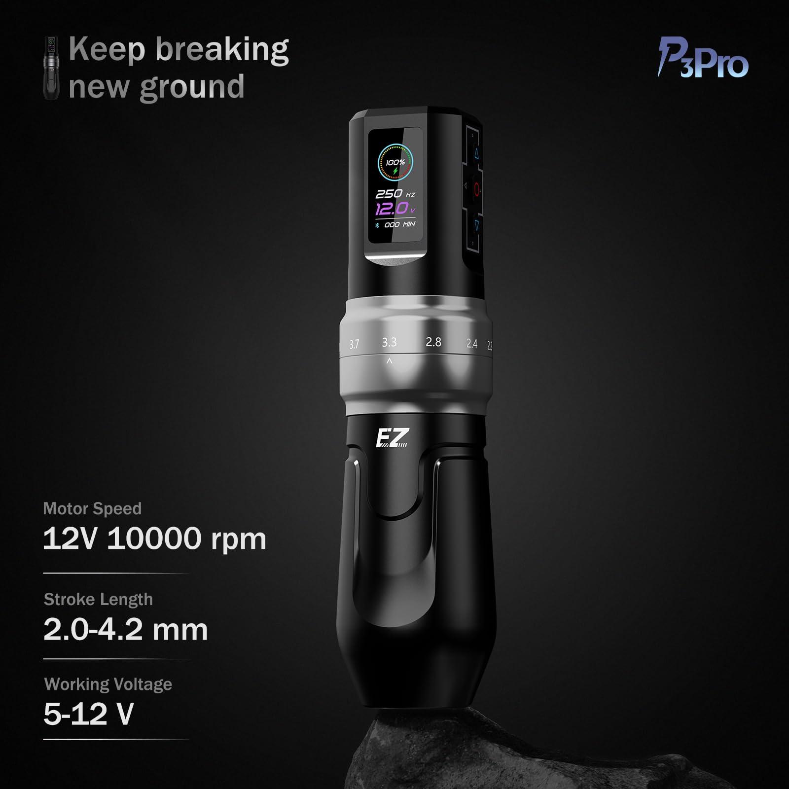 EZTAT2 EZ P3 Pro Wireless Tattoo Machine - 6 Strokes 2.0, 2.4, 2.8, 3.3, 3.7, 4.2mm Tattoo Machine Pen with OLED Digital Display 1600mAh Battery Power Tattoo Gun (Matte Black)
