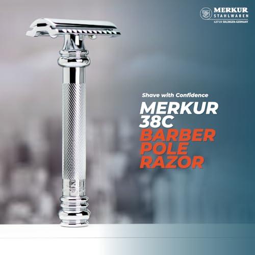 MERKUR MERKUR 5004 Travel Shaving Set featuring MERKUR 38C Two-piece Safety Razor with Long Handle & Bright Chrome Finish, 10 Double Edge Blades & Black Leather Case | Made In Germany