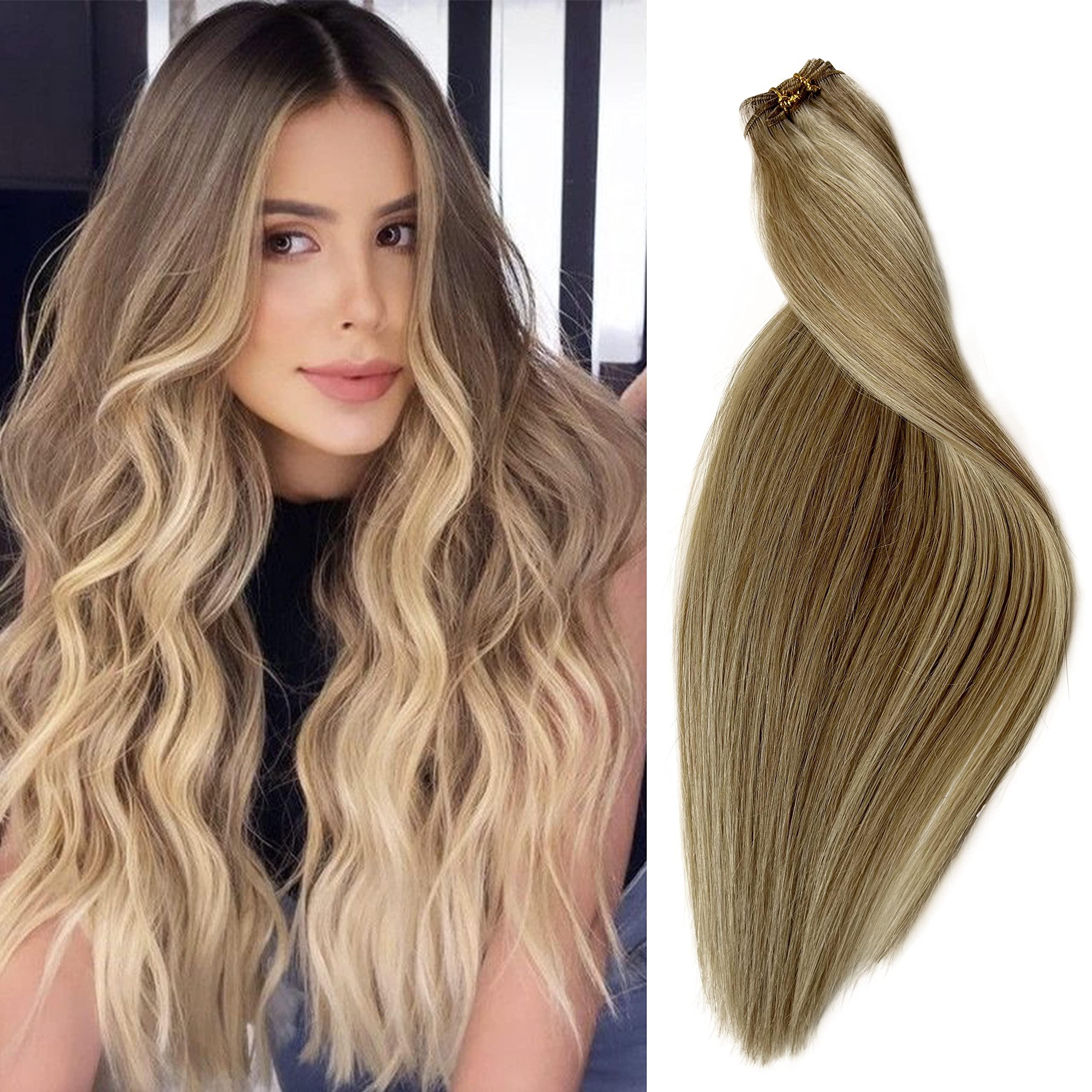 Smartinnov Balayage Weft Hair Extensions Sew in Human Hair 18Inch Light Brown Highlights Platinum Blonde Sew in Hair Blundes Ombre Blonde Double Weft Brown Blonde Hair Extension Real Remy Hair Sew in #8P60 100G
