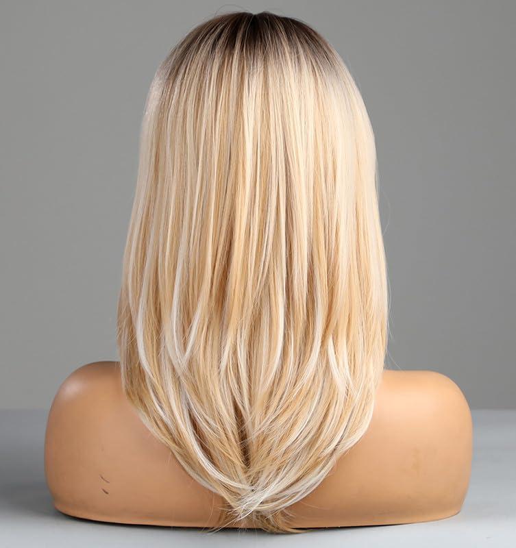 vedar vedar Honey Blonde Wigs with Bangs, Ombre Brown to Blonde Synthetic Hair Wig, Middle Part Shoulder Length Part Natural Straight Wigs for Women, VEDAR-163