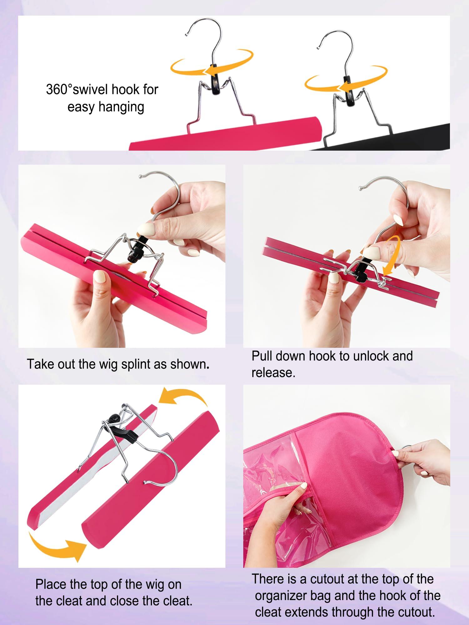 Whtawtaw 3 Pcs Hair Wig Extension Storage Bag, Hair Extensions Holder with Hanger, 11.4 * 23.6 inches, Portable Wig Bags Storage with Transparent Zipper Closure (Rose)